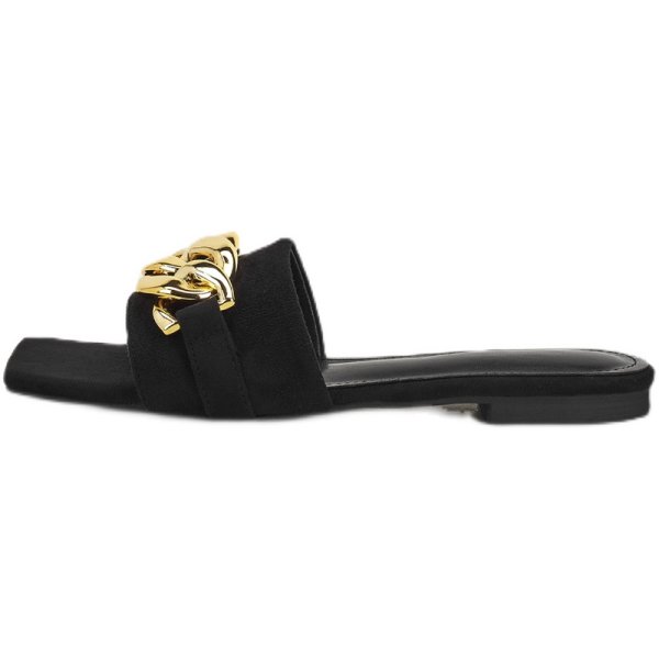 画像1: Women  open-toed metal chain buckle decoratio  flat sandals  slippers メタルチェーンバックルデコレーション フラットサンダル スリッパ (1)