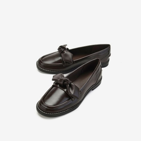 画像1:  leather bow low-heel flat pumps shoes  レザーリボン ボウ付きフラットローファー パンプス　 (1)