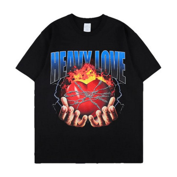 画像1: Unisex hip-hop HEAVY LOVE Print  loose cotton short-sleeved T-shirt  sweater　男女兼用 heavy loveロゴ プリントショートスリーブ半袖Tシャツ (1)