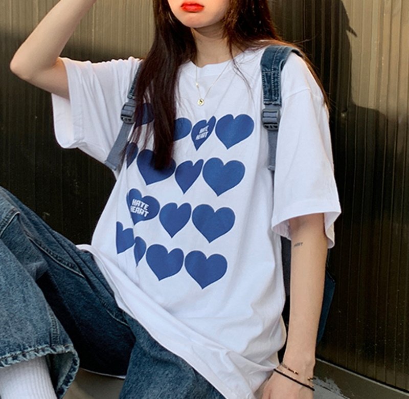 画像5: Unisex  Heart logo print cotton short-sleeved T-shirt  sweater 男女兼用 ハートプリント ショートスリーブ半袖Tシャツ (5)