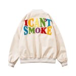 画像2: flocking letter  I CAN'T SMOKE clothes basebalフラワーl uniform jacket blouson ユニセックス 男女兼用 レター I CAN'T SMOKE&フラワーロゴ 刺繍オーバーサイズスタジアムジャンパー スタジャン MA-1 ボンバー ジャケット ブルゾン (2)