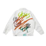 画像2:  graffiti line letter printing jacket denim jacket G Jean Jacket blouson  ユニセックス 男女兼用グラフィックフラワー＆スマイルペイント デニムGジャケット ブルゾン (2)