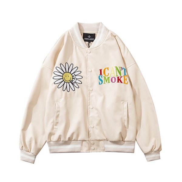 画像1: flocking letter  I CAN'T SMOKE clothes basebalフラワーl uniform jacket blouson ユニセックス 男女兼用 レター I CAN'T SMOKE&フラワーロゴ 刺繍オーバーサイズスタジアムジャンパー スタジャン MA-1 ボンバー ジャケット ブルゾン (1)