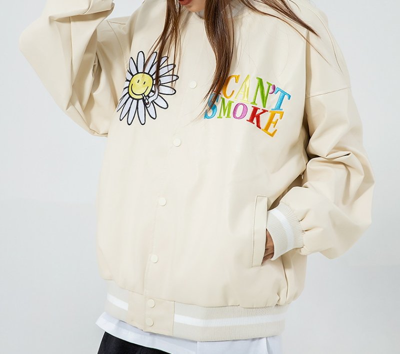 画像6: flocking letter  I CAN'T SMOKE clothes basebalフラワーl uniform jacket blouson ユニセックス 男女兼用 レター I CAN'T SMOKE&フラワーロゴ 刺繍オーバーサイズスタジアムジャンパー スタジャン MA-1 ボンバー ジャケット ブルゾン (6)