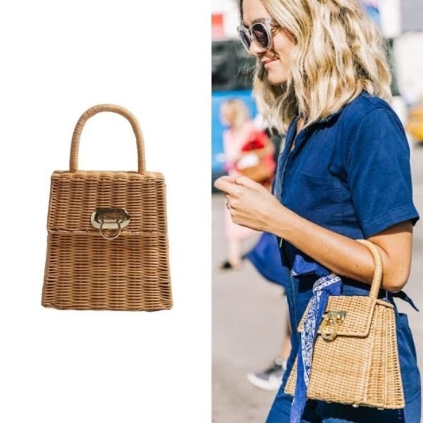 画像1: Gancini Vintage Style Wicker Handle Bag woven shopping basket Tote Bag ラタン 金具付き ハンドバッグ かご カゴ 籠 トート バック (1)