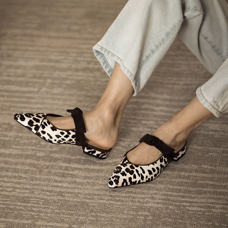 画像7:  horse hair leopard print Baotou pointed toe  half drag flat sandal pumps  shoes  本革ハラコレザーレオパード＆ゼブラフ ラット ミュール パンプス サンダル　 (7)