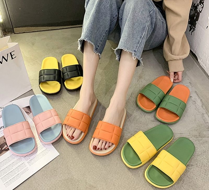 画像7: Women flat Quilted flip flops soft bottom sandals slippers フラットレザーバイカラーキルティング  フリップフロップ サンダル スリッパ (7)
