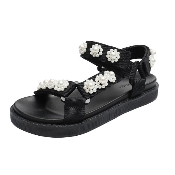 画像1: Women Platform flat Velcro pearl sandals   フラットフラワーパールベルクロ サンダル (1)