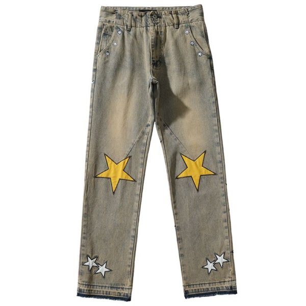 画像1: embroidery star straight loose wide-leg trousers Pants ユニセックス 男女兼用スター 星付きダメージデニムパンツ (1)