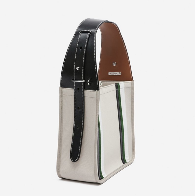 画像2: striped tote bag canvas and leather shoulder Tote Bag  ストライプ キャンバス&レザートート ショルダー2WAY バッグ (2)