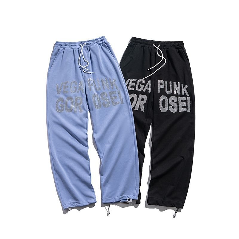 画像3: Letter hot drilling drawstring drawstring pants trousers Pants ユニセックス 男女兼用レターロゴ付きワイドレッグパンツ (3)