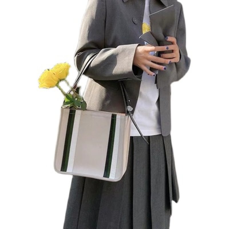 画像7: striped tote bag canvas and leather shoulder Tote Bag  ストライプ キャンバス&レザートート ショルダー2WAY バッグ (7)