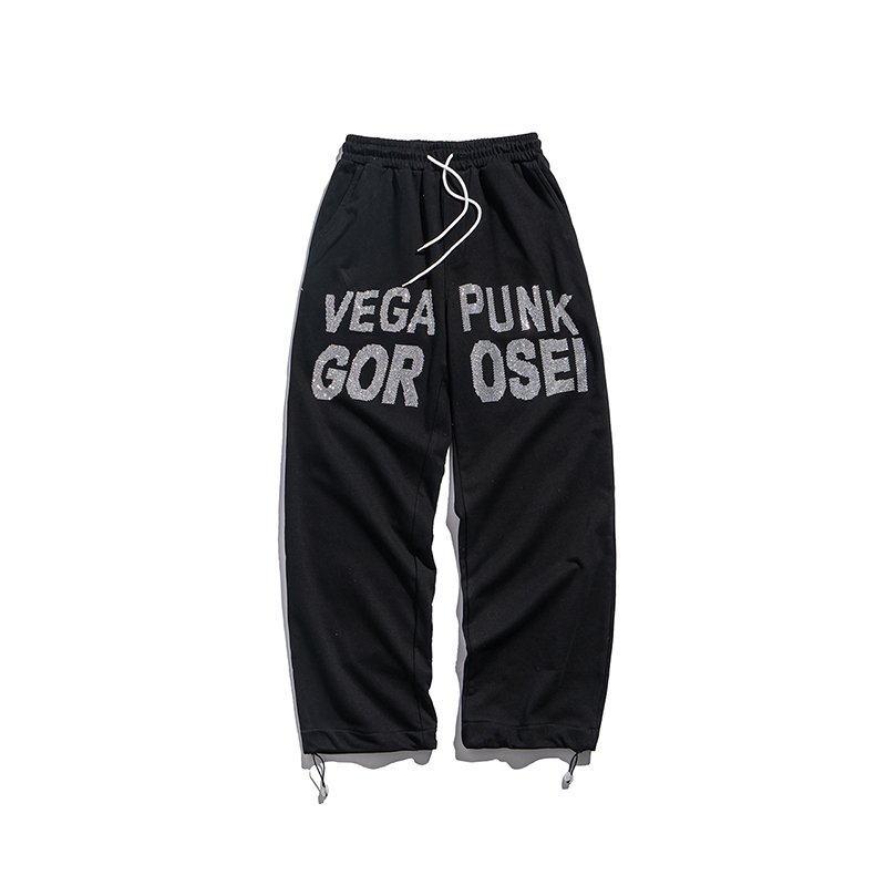 画像2: Letter hot drilling drawstring drawstring pants trousers Pants ユニセックス 男女兼用レターロゴ付きワイドレッグパンツ (2)