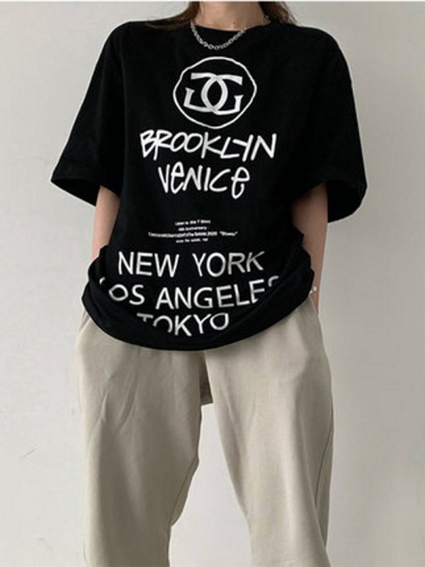 画像4: letter printed Short Sleeve loose T-shirt   レタープリントオーバーサイズ半袖Tシャツ 男女兼用 (4)