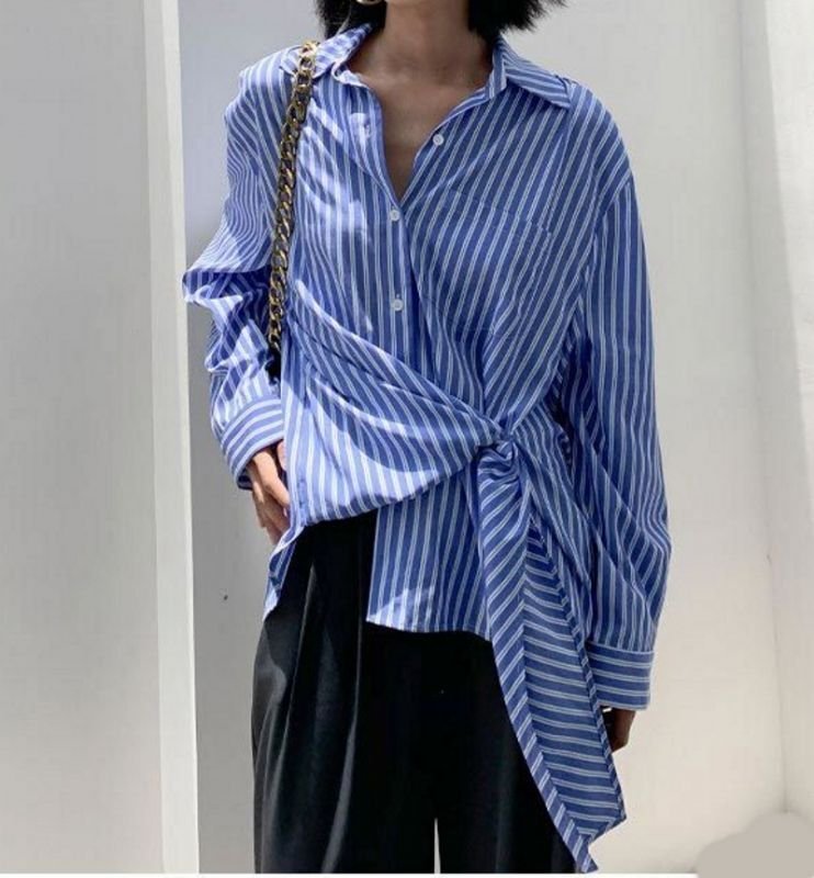 画像2: irregular striped long sleeve blouse shirt　イレギュラーストライプ ボーダーブラウス　シャツ (2)