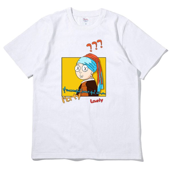 画像2: Unisex  Vermeer The Girl with Pearl Earring Parody Short Sleeve T-shirt   男女兼用  ユニセックス真珠の耳飾りパロディー 半袖Tシャツ (2)