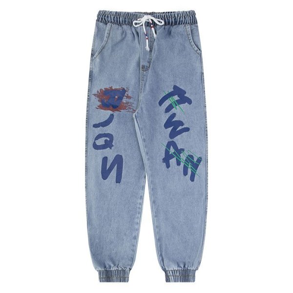 画像1: Men's Denim Jeans wide-leg pants graffiti paint trend gradient loose-fitting harem pants ユニセックスパンツ 男女兼用 ロゴプリント デニムパンツ ジョガーパンツ (1)