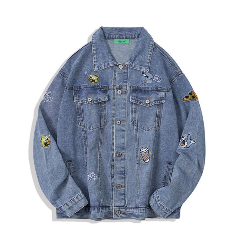 画像1: Unisex  Tom and Jerry & American Comic Embroidered Denim Jacket blouson 　ユニセックス男女兼用トムとジェリー＆アメリカンコミック刺繍デニムジャケット Gジャン  ブルゾン  MA-1 ボンバー   (1)