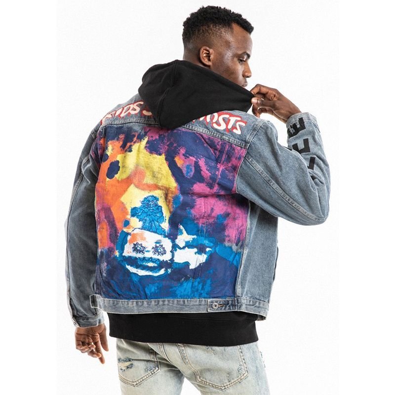 画像4: Unisex  NAGRI street graffiti smiley face letter printing loose retro old washed denim jacket blouson  ユニセックス男女兼用 ナグリ ストリートグラフィティスマイリーフェイス レタープリント Gジャン  ブルゾン  MA-1 ボンバー   (4)