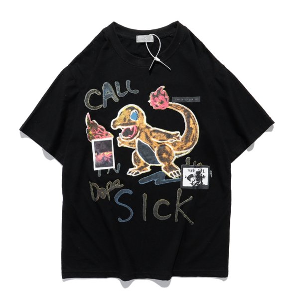 画像1: Unisex hand-painted graffiti small dinosaur print t-shirt　ユニセックス 男女兼用グラフィック 恐竜プリント 半袖Tシャツ (1)