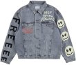 画像1: Unisex  NAGRI street graffiti smiley face letter printing loose retro old washed denim jacket blouson 　ユニセックス男女兼用 ナグリ ストリートグラフィティスマイリーフェイス レタープリント Gジャン  ブルゾン  MA-1 ボンバー   (1)