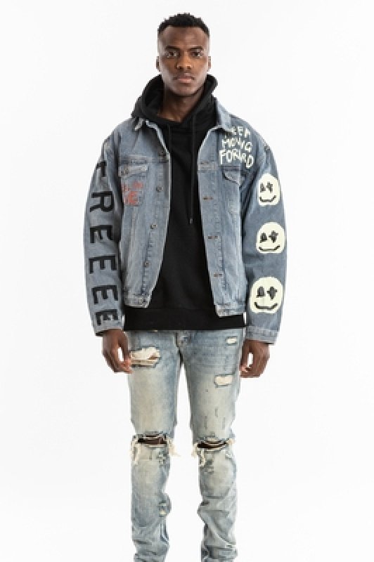 画像5: Unisex  NAGRI street graffiti smiley face letter printing loose retro old washed denim jacket blouson  ユニセックス男女兼用 ナグリ ストリートグラフィティスマイリーフェイス レタープリント Gジャン  ブルゾン  MA-1 ボンバー   (5)