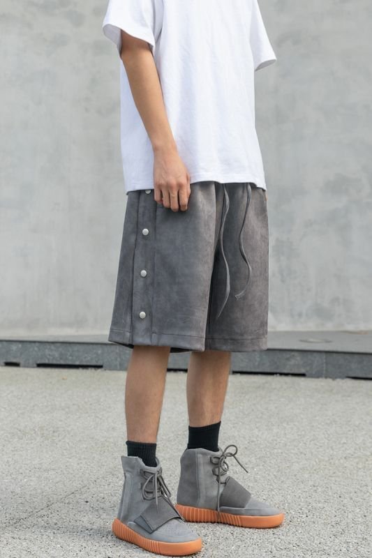 画像4: suede-breasted loose street casual shorts five-point pants   ユニセックス男女兼用スエードサイドスナップ5分丈パンツ ショート パンツ (4)