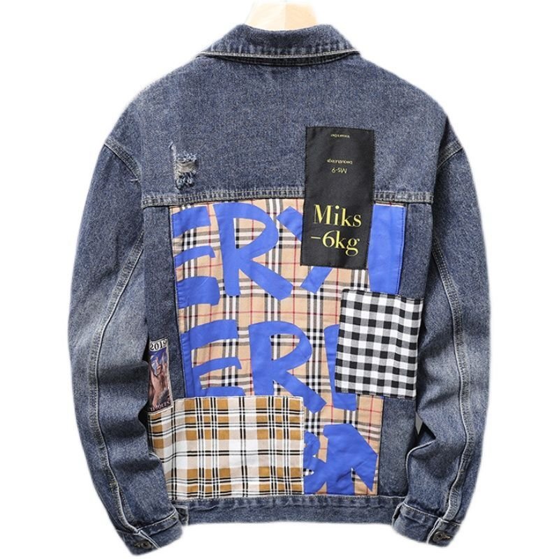画像4: Unisex With graphic & emblem & check washed Denim Jacket blouson  ユニセックス男女兼用 グラフィック&エンブレム&チェック付き Gジャン ジャケット ブルゾン  MA-1 ボンバー   (4)