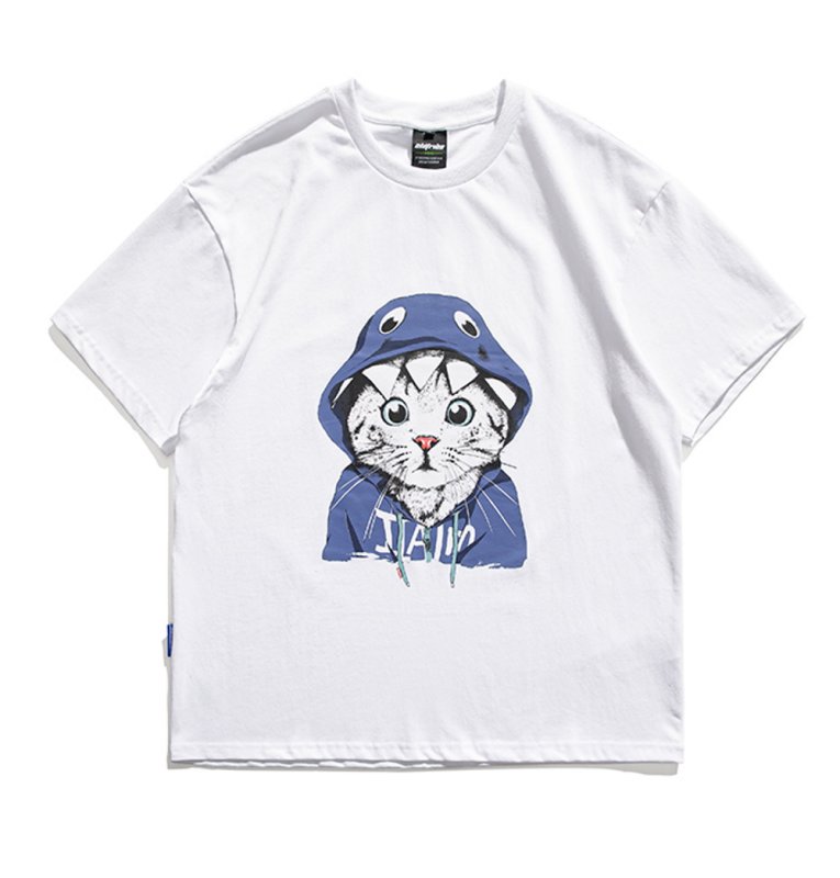 画像1: Unisex creative cat cartoon print short-sleeved T-shirt　 ユニセックス 男女兼用クリエイティブキャット 猫プリント 半袖 Tシャツ (1)