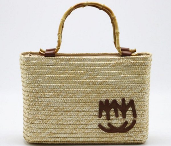 画像1: bamboo handle woven straw bag  tote bag   バンブーハンドル籠 かごトートバック エコバック (1)