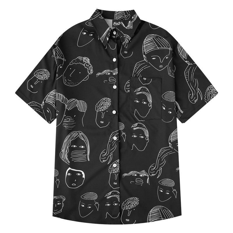 画像2:  Unisex retro printed  trendshirt ユニセックス 男女兼用 レトロメンズフェイスプリント 半袖 シャツ (2)