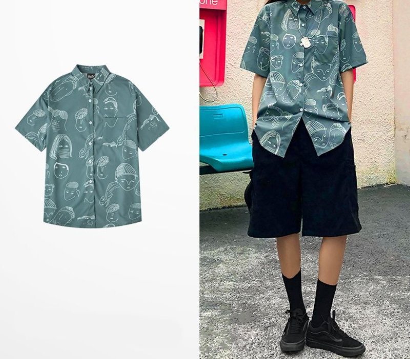 画像9:  Unisex retro printed  trendshirt ユニセックス 男女兼用 レトロメンズフェイスプリント 半袖 シャツ (9)