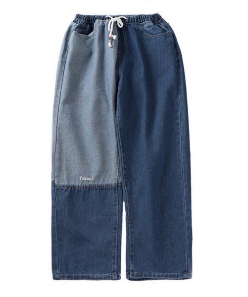 画像1: Unisex contrast stitching jeans drawstring loose harem Pants   ユニセックス 男女兼用カラーコントラストステッチルーズ デニムパンツ (1)
