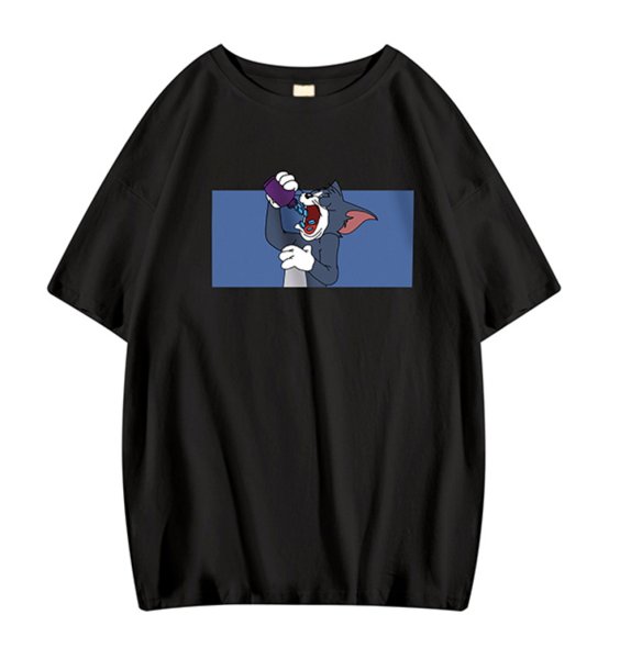 画像1: unisex Tom and jerry Drink Tom Print Half sleeve T-shirt　ユニセックス トムとジェリー  ドリンクトム プリント 五分袖Tシャツオーバーサイズ Tシャツ (1)