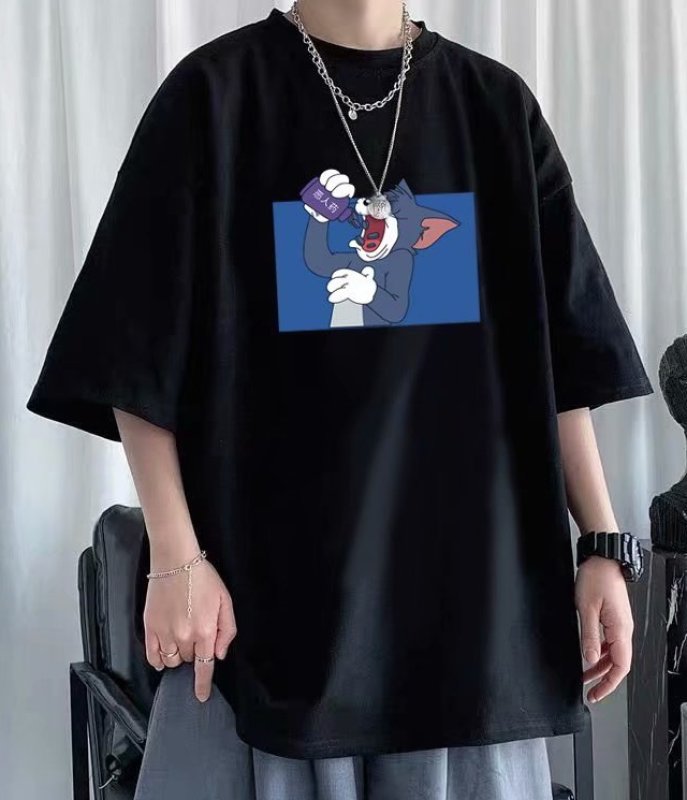 画像7: unisex Tom and jerry Drink Tom Print Half sleeve T-shirt ユニセックス トムとジェリー  ドリンクトム プリント 五分袖Tシャツオーバーサイズ Tシャツ (7)