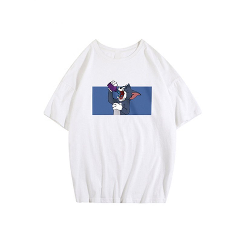 画像2: unisex Tom and jerry Drink Tom Print Half sleeve T-shirt ユニセックス トムとジェリー  ドリンクトム プリント 五分袖Tシャツオーバーサイズ Tシャツ (2)