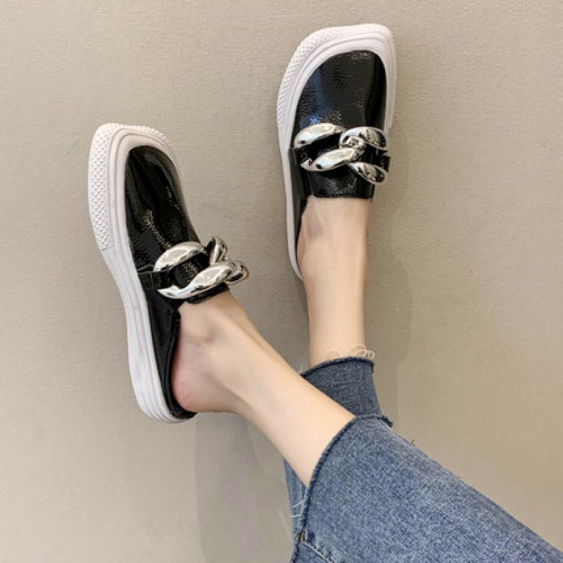 画像7: women's Patent leather platform shoes with thick sole chainsandals pumps shoes  　パテントレザー厚底チェーン付きハーフシューズサンダル パンプスシューズ　 (7)