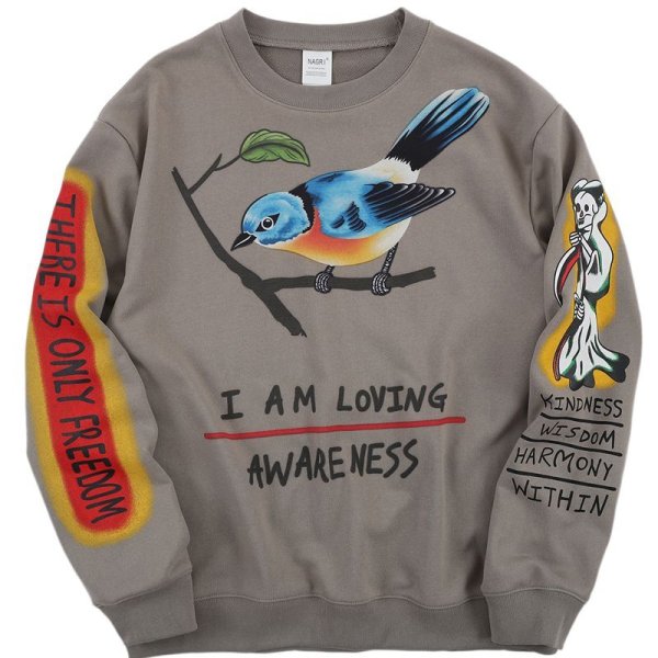 画像1: Unisex Men's paragraph graffiti hand-painted bird  sweater  pullover jacket ユニセックス 男女兼用 バードペイントスウェット トレーナー　 (1)