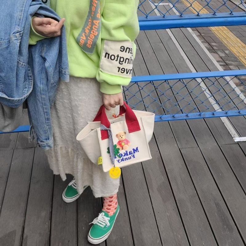 画像3: Mini canvas eco bag lunch box handbagTote Bag  キャンバス ベア 熊&スマイルエコ トート ハンドバッグ (3)