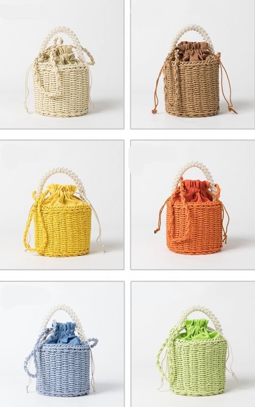 画像14: Pearl handle bucket basket  bag one-shoulder tote shoulder bag  パールハンドルバケットかご 籠 巾着付きトートショルダーバック (14)