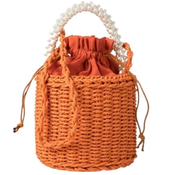 画像1: Pearl handle bucket basket  bag one-shoulder tote shoulder bag  パールハンドルバケットかご 籠 巾着付きトートショルダーバック (1)