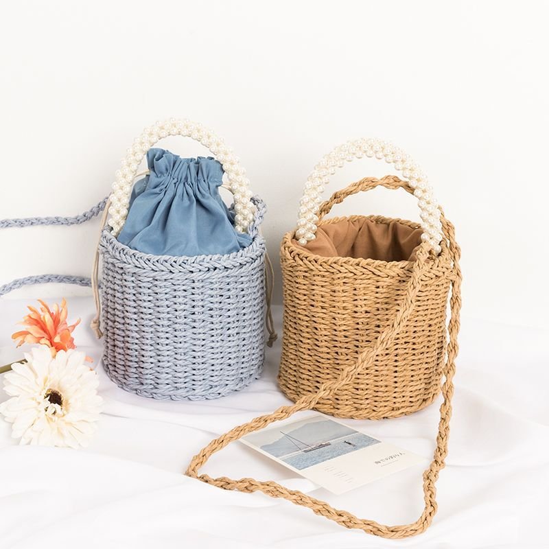 画像11: Pearl handle bucket basket  bag one-shoulder tote shoulder bag  パールハンドルバケットかご 籠 巾着付きトートショルダーバック (11)