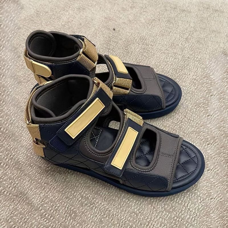 画像7: Women  velcro hollow Roman sandals slippers レザーキルティングフラットベルクロサンダル スリッパ (7)