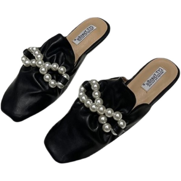 画像1: Women flat Gathered leather & pearl half sandals Mule slippers　ギャザーレザー&パール付きフラットハーフスリッパ サンダル パンプス ミュール (1)