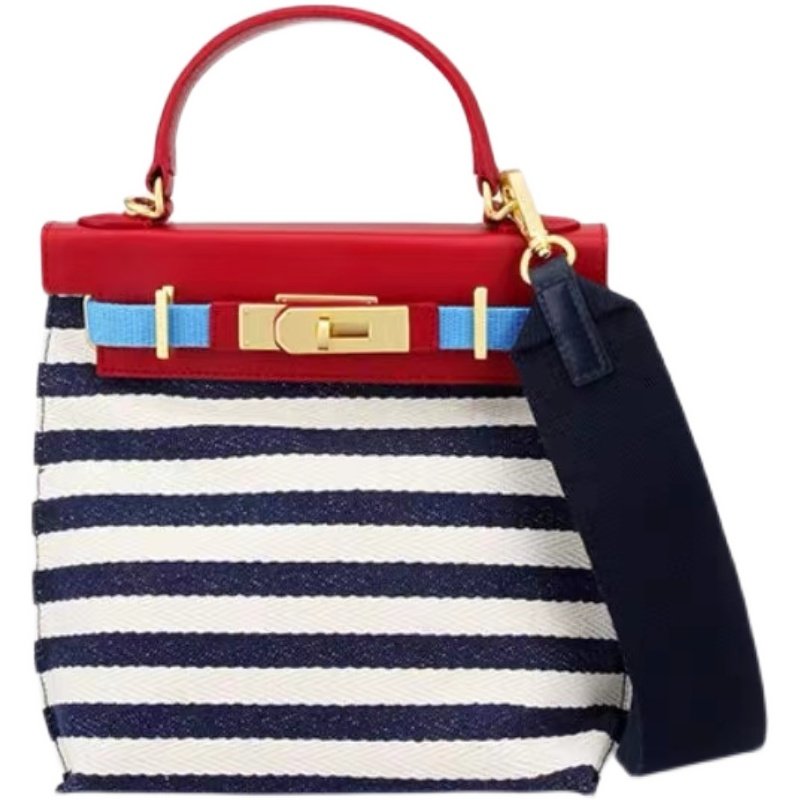 画像12: Woman striped canvas and leather contrast color tote shoulder messenger Kelly bag   キャンバス&レザーストライプトートショルダーバッグ (12)
