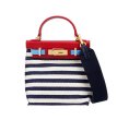 画像1: Woman striped canvas and leather contrast color tote shoulder messenger Kelly bag   キャンバス＆レザーストライプトートショルダーバッグ (1)