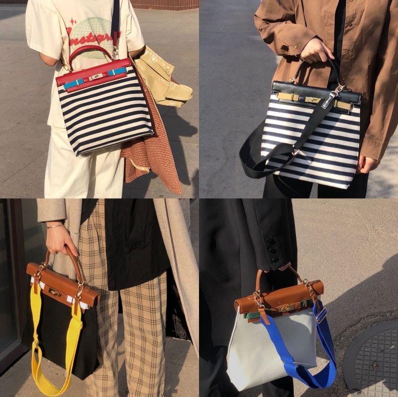 画像9: Woman striped canvas and leather contrast color tote shoulder messenger Kelly bag   キャンバス&レザーストライプトートショルダーバッグ (9)