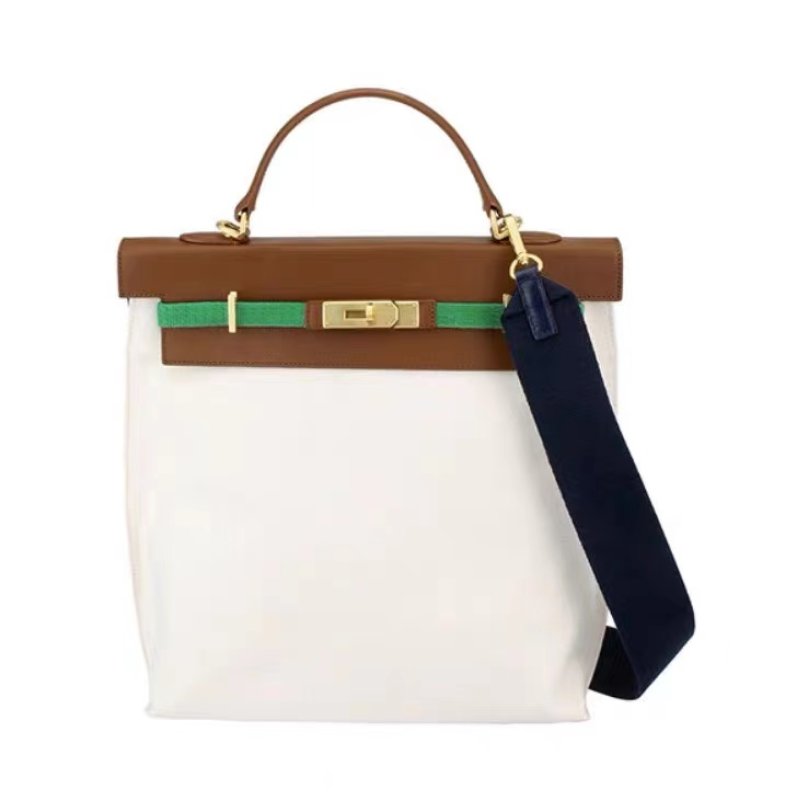 画像2: Woman striped canvas and leather contrast color tote shoulder messenger Kelly bag   キャンバス&レザーストライプトートショルダーバッグ (2)