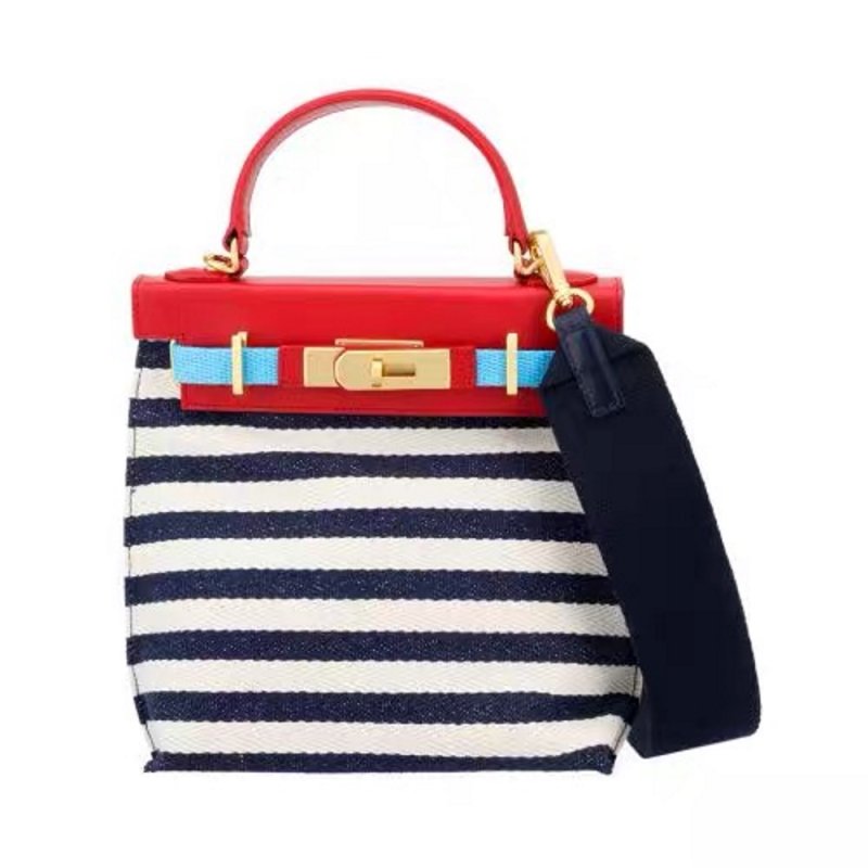 画像10: Woman striped canvas and leather contrast color tote shoulder messenger Kelly bag   キャンバス&レザーストライプトートショルダーバッグ (10)