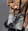 画像6: Woman striped canvas and leather contrast color tote shoulder messenger Kelly bag   キャンバス＆レザーストライプトートショルダーバッグ (6)